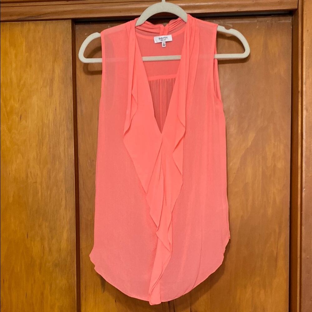 Babaton 100% Silk Top Neon Coral Top Blouse Ruffled V-Neck Sleeveless Summer